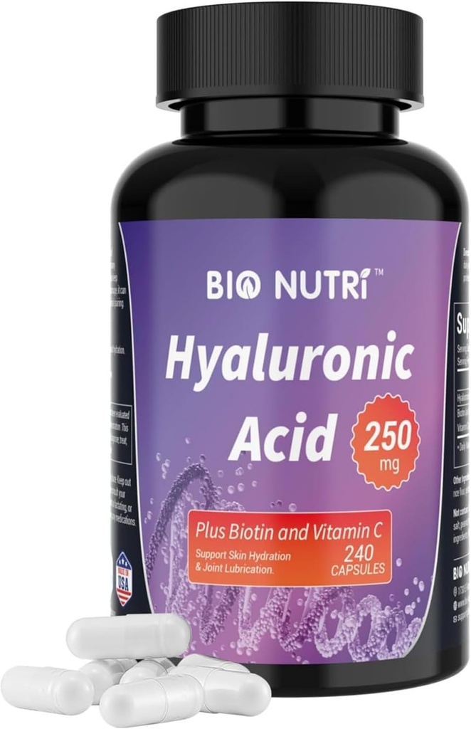 BIO NUTRI Hyaluronsyre kosttilskudd 250mg240 Kapsler, med Biotin 5000mcg & vitamin C 25mg - hud, hår og ledd 3 i1 støtte