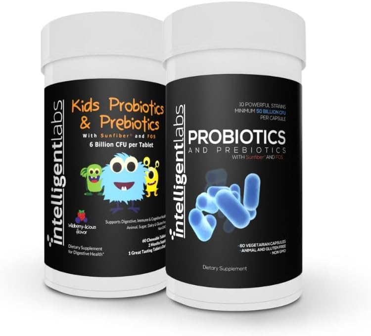 Intelligent Labs 2-i-1 Bundle av Kids Probiotika (6 milliarder CFU med Sunfiber og FOS) + voksen probiotika (50 milliarder CFU, 10 strender), ingen kjøleskap nødvendig, 2 måneders forsyning per flaske