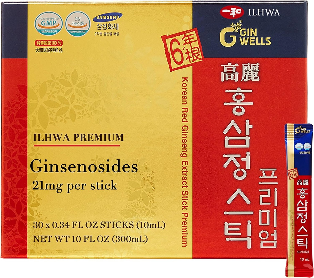ILHWA Premium koreansk Red Ginseng Extract Sticks (0,34fl oz X 30 Sticks) - for immunitet. Ginsenoside 21 mg per servering