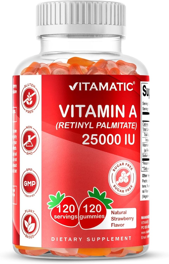 Vitamin A 25000 IU Gummies (retinyl Palmitat) - Naturlig Strawberry Flavor - 120 Pectin Basert Gummies (3 flasker)