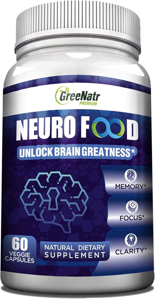 GreeNatr Brain Kosttilskudd for hukommelse og fokus - Ginko Biloba Kapsler Brain Booster Supplement med B1, Folinsyre og kalsium - Minne Kosttilskudd for kognitiv og hjerne helse 60 Kapsler (1 flaske)