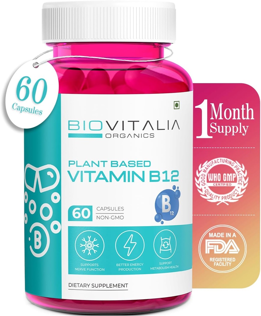 BIOVITALIA Vitamin B12 Kapsler Metyl Kobalamin Supplement 1000mg Plantebaserte kapsler - Støtte Nervefunksjon & Metabolisme Beriket med hvetekorn Spirulina Beetroot - 60 Vegan Caps