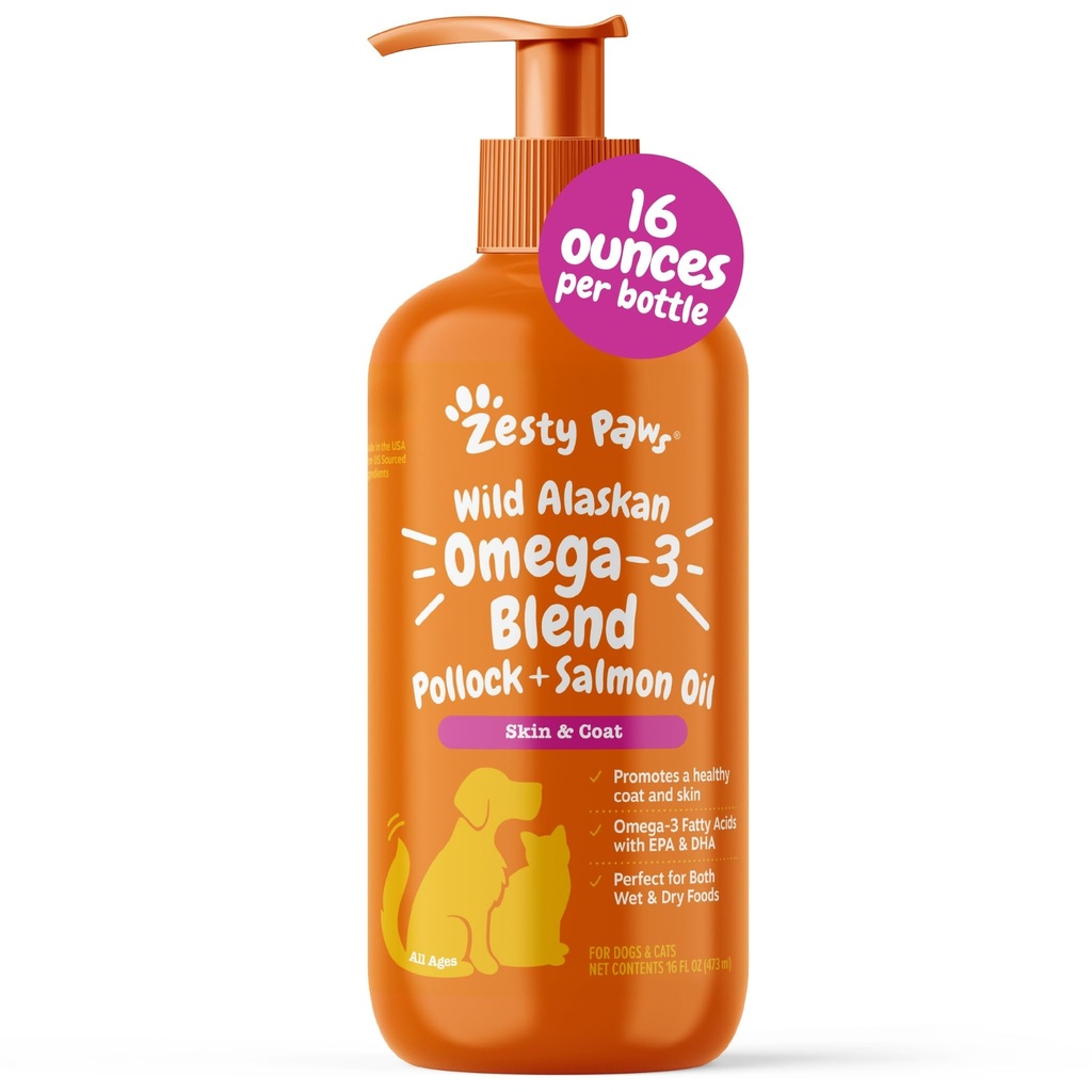 Zesty Paws Wild Alaskan Omega-3 Blend Pollock + Salmonolje for hunder og katter-hud og Coat støtte, Omega 3 Supplement for kjæledyr, 16oz