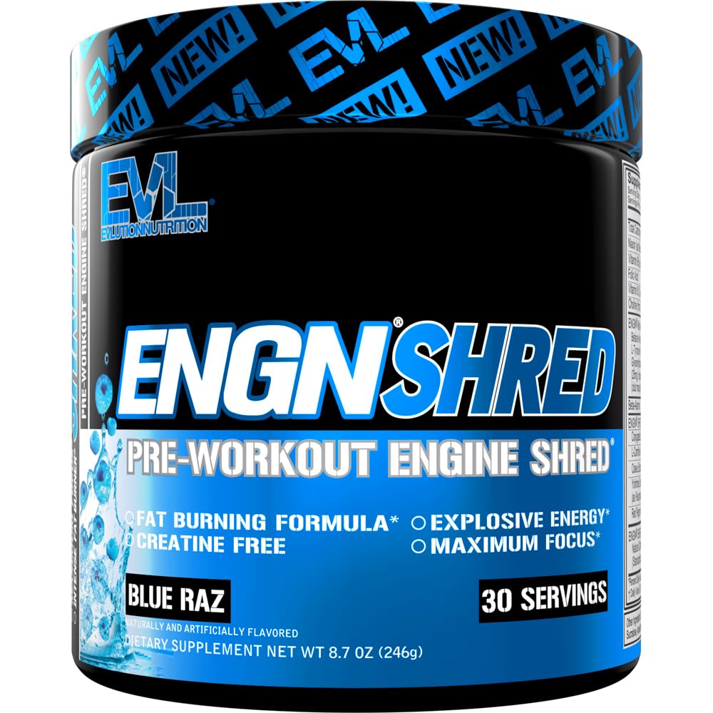 EVL Ultimate pre trening pulver - termogen fettforbrenning støtte preworkout pulver drikk for varig energi fokus og utholdenhet - ENGN Shred Intense Kreatin Free Preworkout Drink Mix - Blå Raz