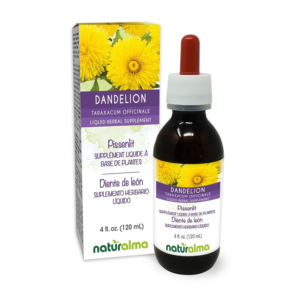 Naturalma Dandelion (Taraxacum officinale) Root og urt alkoholfri tinktur - 4 fl oz flytende ekstrakt i dråper - Herbal Supplement - Vegan