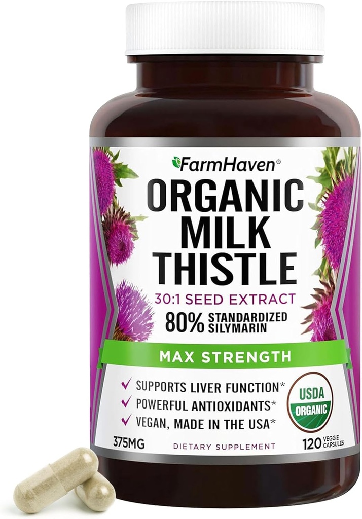 FarmHaven Silymarin Melke Thistle Kapsler | 375mg Styrke | 30X Konsentrert frø ekstrakt & 80% Standardisert Silymarin | Non-GMO | 120 Veggie Kapsler