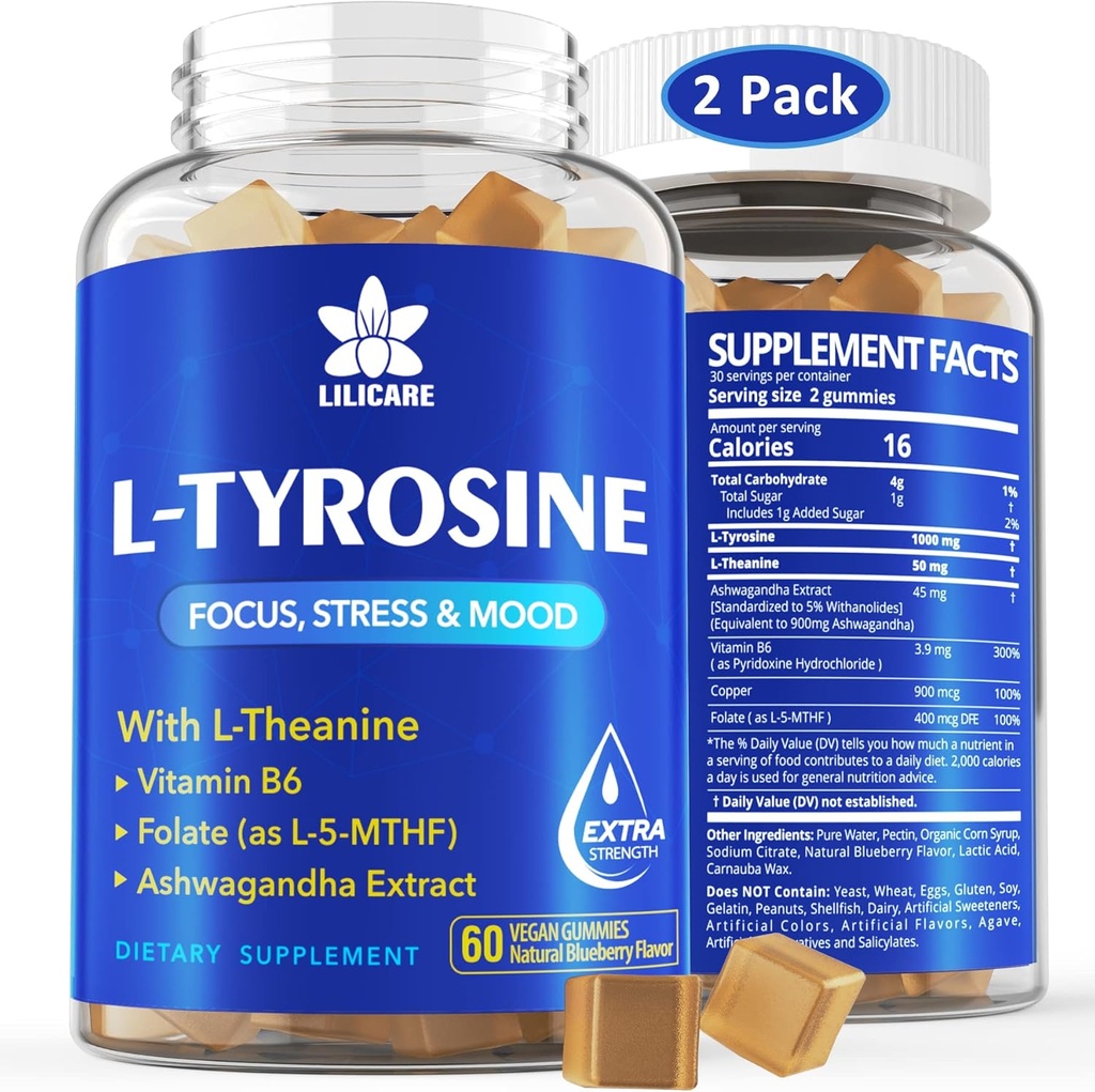 L Tyrosin Gummies 1100mg Mood Support Blend, med Ashwagandha, L-Theanine, Vitamin B Complex B6, Folat (Vitamin B9), Fokus og minne, Kognisjon og hjernefunksjon, Energiforsterkning, Stress Support, 2Pc/120ct