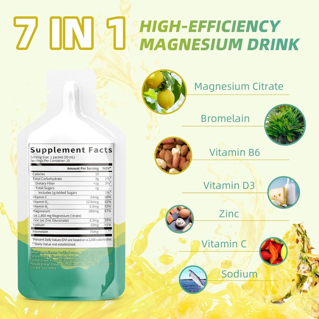 Magnesium Citrat flytende Supplement(10 Fl Oz), Magnnesium Complex Drink / Oral løsning med VitaminB, Zinc, Natrium og Bromelain for søvn,Muskel, Heart,Gut Support(Pineapple)