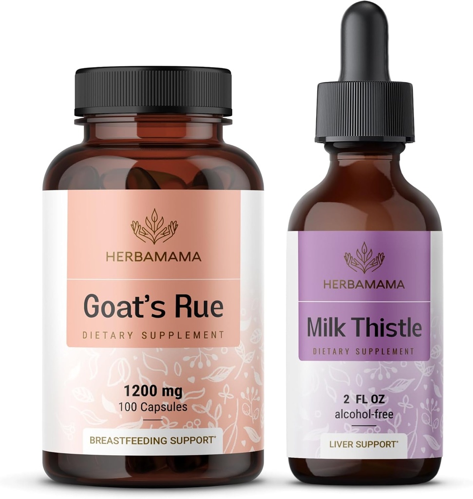HERBAMAMA Goat Rue og Melk Thistle Kit - Budge på 1200 mg Goat Rue Capsules & Milk Thistle Liver Detox Drops 2 fl oz - Vegan, ikke-GMO, sukker og alkohol-fri - 2 pakke
