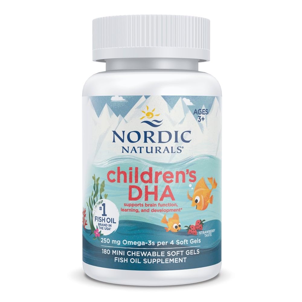 Nordic Naturals Children's DHA, Strawberry - 180 Mini Chewable Soft Gels for barn - 250 mg Omega-3 med EPA & DHA - Brain Development & Function - Non-GMO - 45 Services