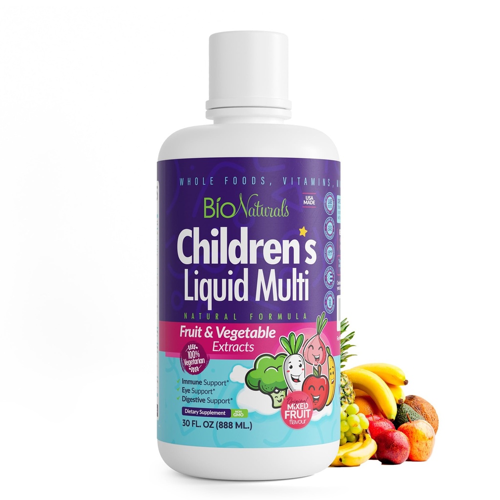 Bio Naturals Children's Liquid Multivitamin & Immun Booster - Naturlig kosttilskudd for barn og barn med vitaminer A B C D3 E, Fiber, Frukter og grønnsaker - Ingen GMOs, Gluten, Sukker, Dairy, Soya - 16oz