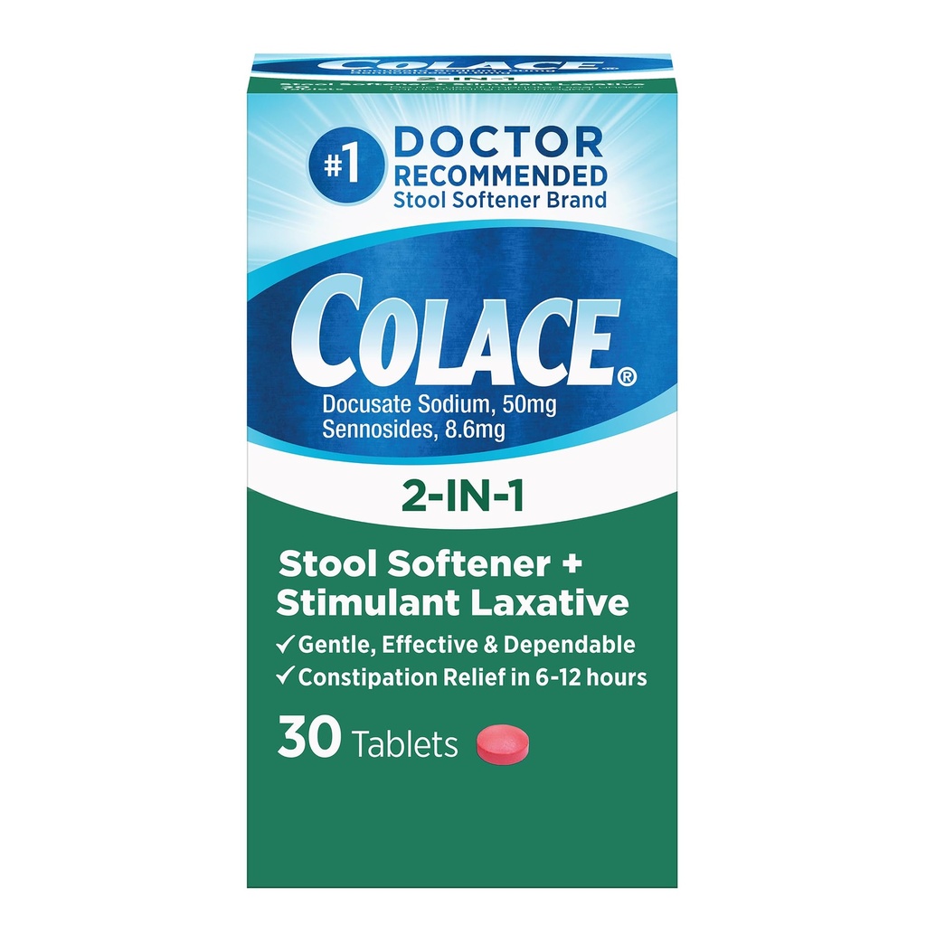 Colace 2-in-1 Stool Softener og stimulerende Laxative tabletter, Gentle Hydrogen lindring i 6-12 timer, 30 teller