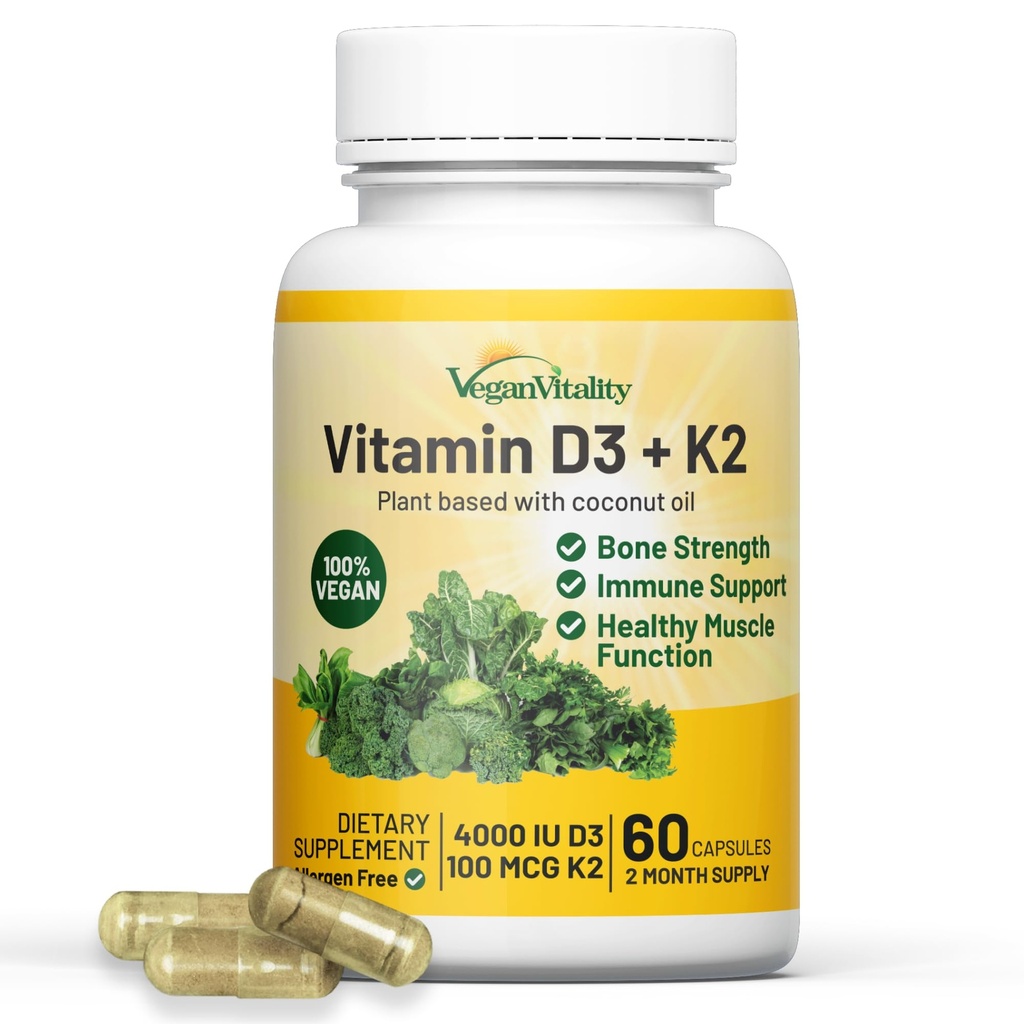 Vegansk Vitalitet Vitamin D3 K2 4000IU (100mcg) med kokosolje, 100% plantebasert vegansk vitamin D for vegansk og vegetarisk - 60 kapsler