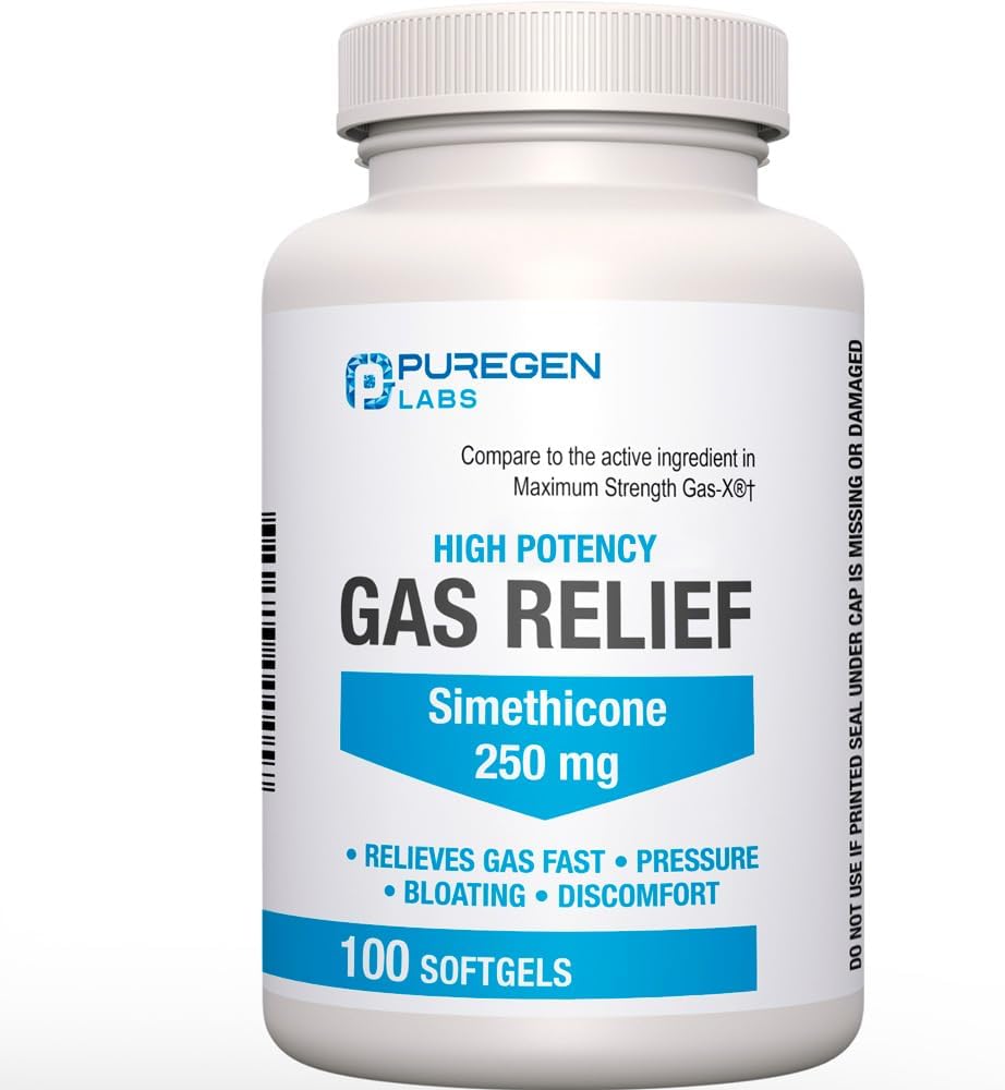 Maks styrke Gass Relief Softgels med simetikon 250 mg Redusert trykk, bloating og smertefull discomfort Sammenlign med Gas-X og Phazyme -100 Count