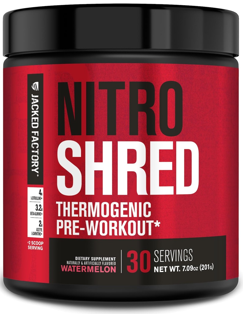 Jacked Factory NITROSURGE Shred Pre Workout Supplement - Energi Booster, øyeblikkelig styrke gevinster, Sharp Focus, Kraftige pumper - Nitric Oxid Booster & PreWorkout pulver - 30Sv, Vannmelon