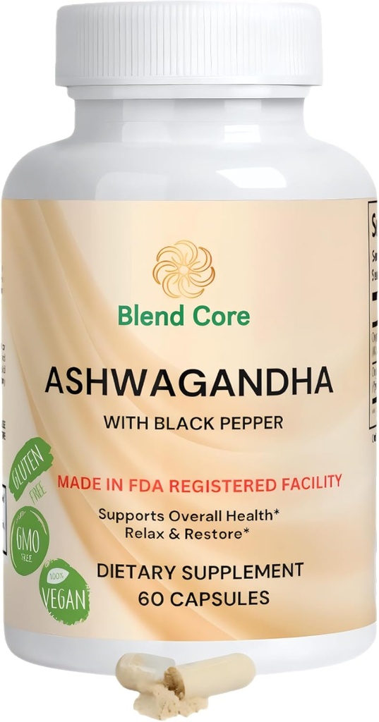 Ashwagandha med svart pepper Ashwagandha Supplements – 60 grev ren Ashwagandha Kapsler for immunstøtte, energiforsterkning – ikke-GMO Vegansk Vennlig Ashwagandha Complex
