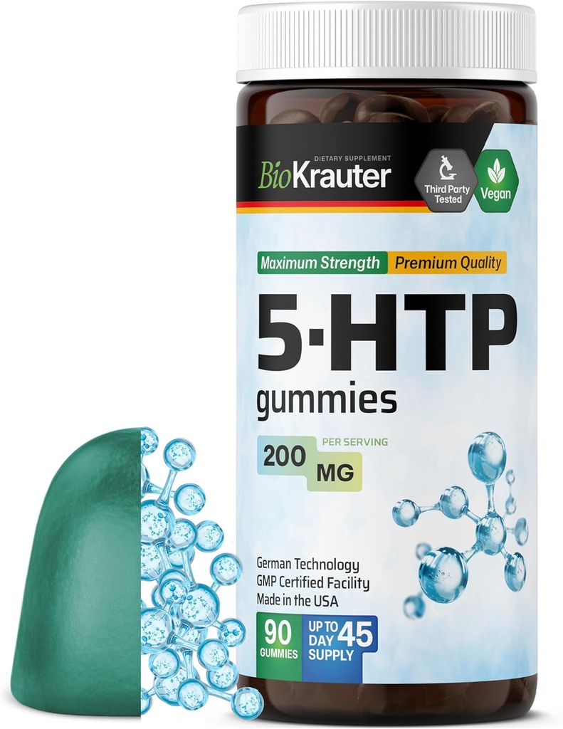 BIO KRAUTER 5 HTP Supplement Gummies - 200 mg Styrke - 90 Vegan Chews - Relaxation Support 5HTP Plus L Tryptophan Supplement - Pectin Basert Formula