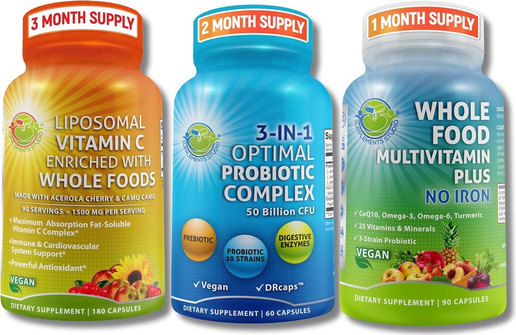 Gut helse, immunisme, energi og næringsstoffer støtte – 3-i-1 Probiotiske med Digestive Enzymer + Liposomal vitamin C 1500mg + Hele mat Multivitamin uten jern – Vegan, ikke-GMO, Clean Wellness Support