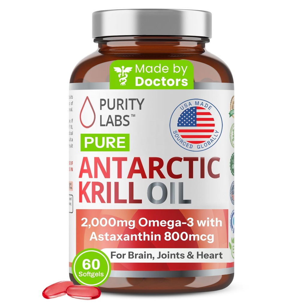 Renhet Labs Antarktis krill olje 2000mg Omega-3 med Astaxanthin 800mcg Supplement for å støtte minne-rik i Omega 3, fettsyrer, DHA, EPA & Fosfolipider - 60 Softgels