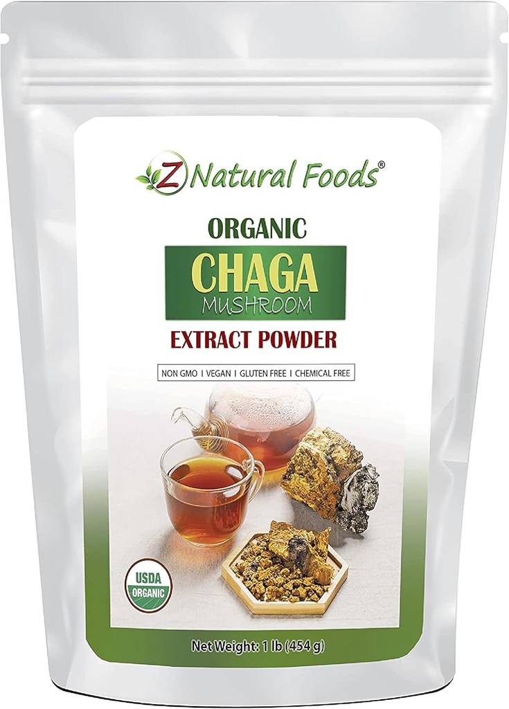 Z Natural Foods Organic Chaga Mushroom Extract Powder, konsentrert Premium Mushroom Extract for å støtte immun helse, energiiser din morgen ved å tilsette det til kaffe og te, 1 lb
