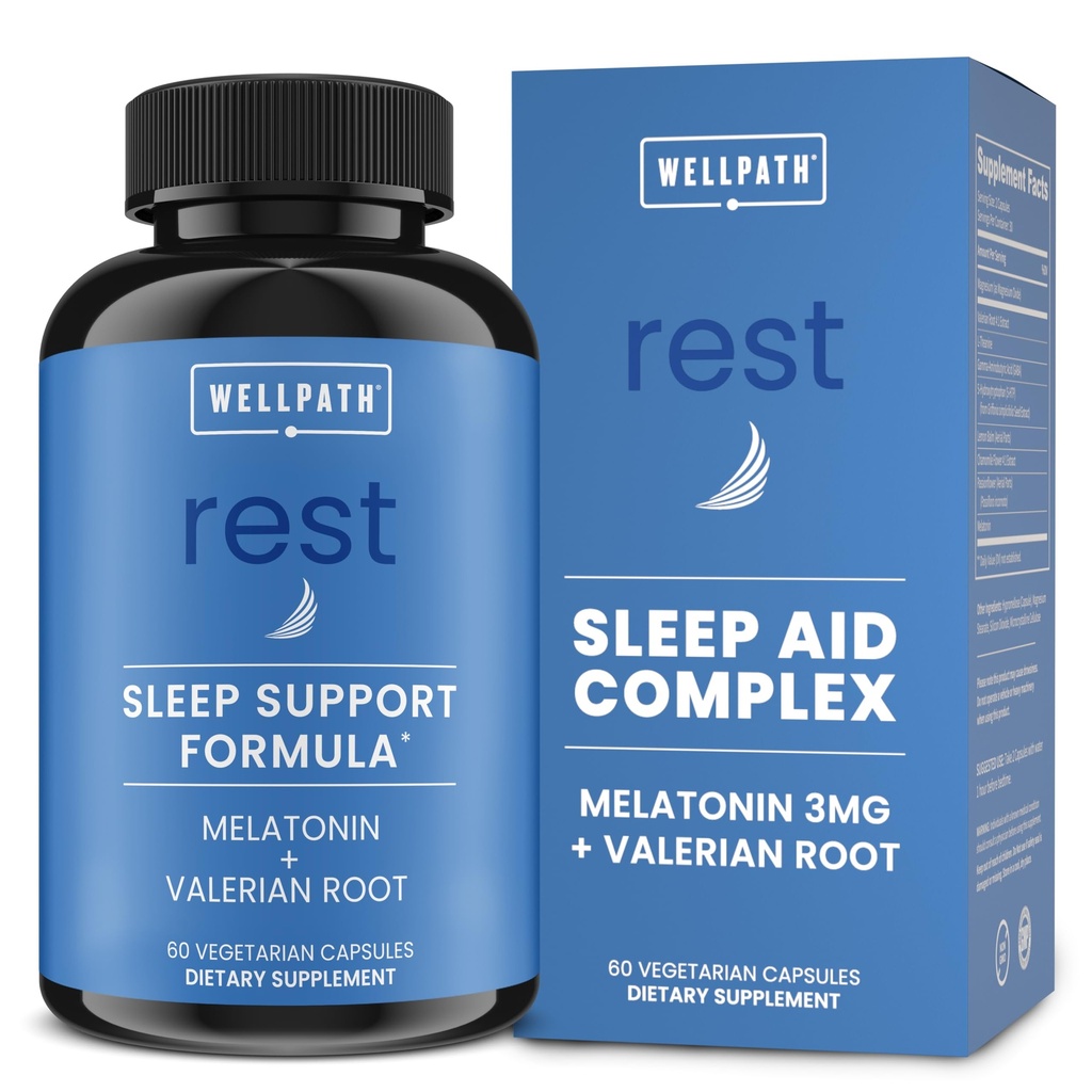 WellPath Rest Valerian Root søvnhjelp for voksne med Melatonin & L-Theanine | Naturlig og herbal sovepiller med ekstra styrke | 5-HTP, sitron balm, kamille, 60 Ct