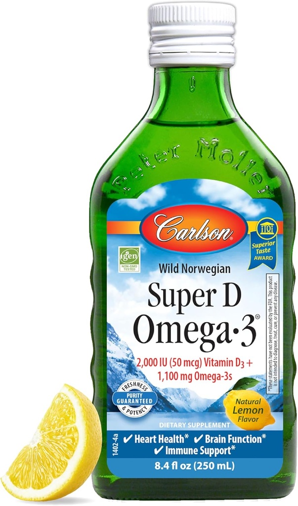 Carlson - Super D Omega-3, Wild-Caught Norsk Arctic Cod Liver Oil, 2000 IE (50mg) Vitamin D3, 1100 mg Omega-3s, Sustainly Sourced Nordic Fish Oil Liquid, Lemon, 250 ml