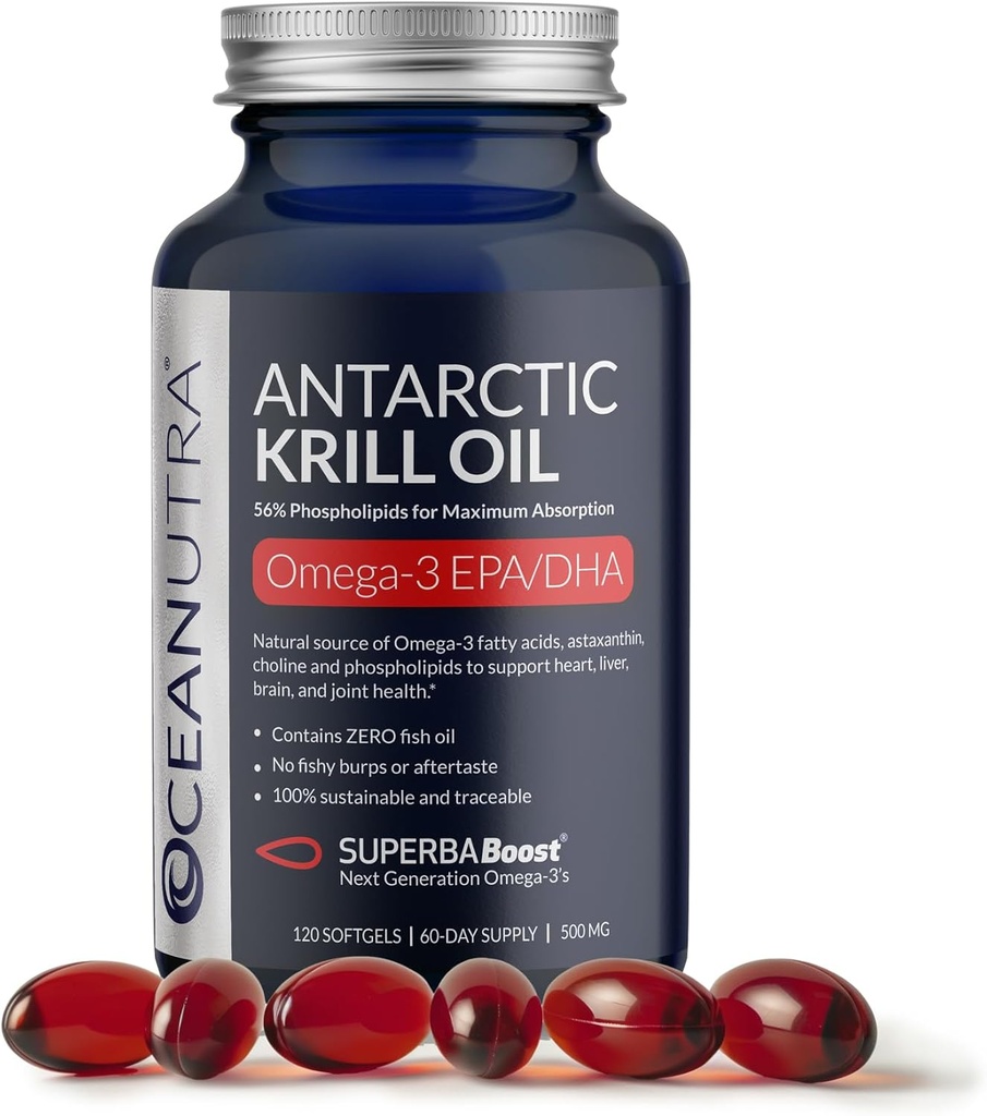 Wild Caught Antarctic Krill Oil 500 mg Softgels, SuperbaBoost Omega 3 Supplement, EPA & DHA, Astaxanthin, Choline, 56% Fosfolipider, bærekraftig, Ingen fiskeolje, Vanilla Flavor (60-dagers Supply)