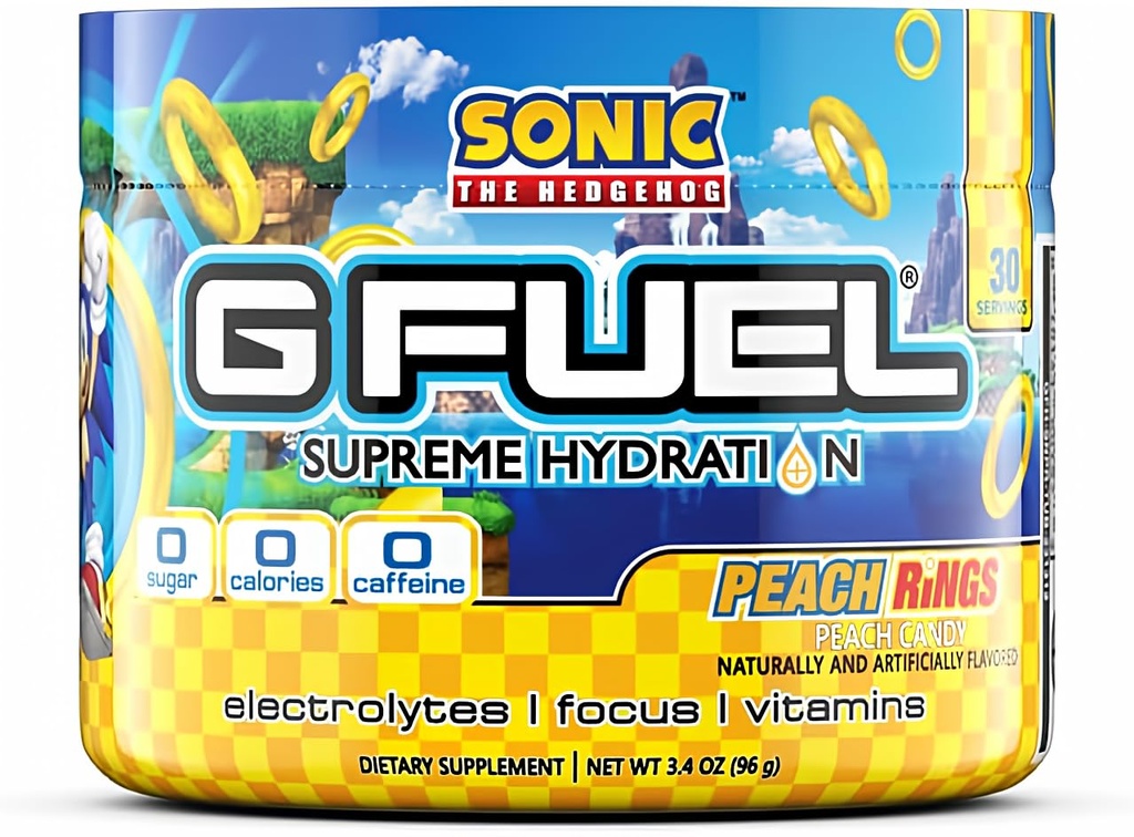 G Drivstoff Sonics ferskeringer høyeste hydrasjon, elektrolyt pulverblanding for energi og fokus, sukker og koffein gratis kosttilskudd med essensielle vitaminer og mineraler, ferskenringer flavor, 3,4 oz - 30 serveringer