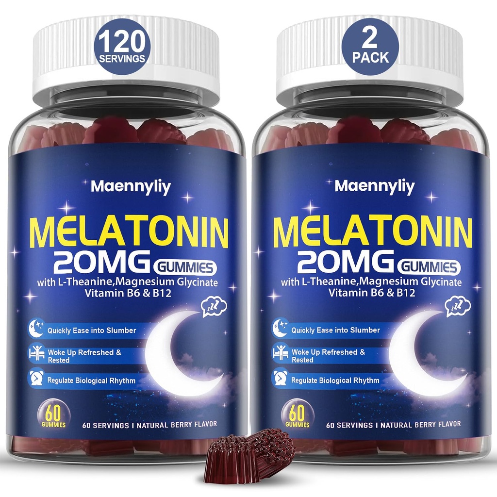 Maennyliy Melatonin 20mg Gummies for voksne - Sukker Gratis Melatonin Gummies Extra styrke med L-Theanin, Magnesium, Ashwagandha, Turmeric, D3 & Zink - Ikke-Habit Forming