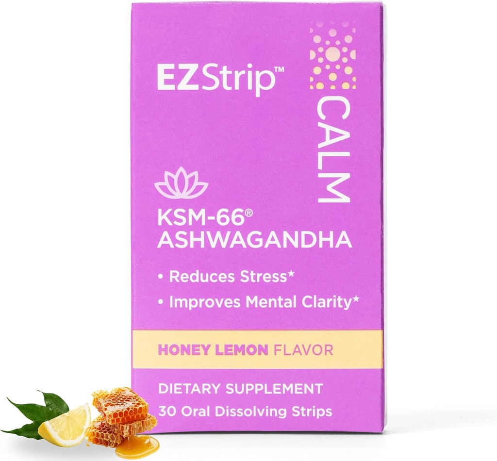 Calm Supplement - Honning Lemon Flavor, 30 greve - Oppløsende beroligende strimler med Ashwagandha KSM 66 Hjelp Støtte Stress Relief - laget i USA, Sukker og Glutenfri