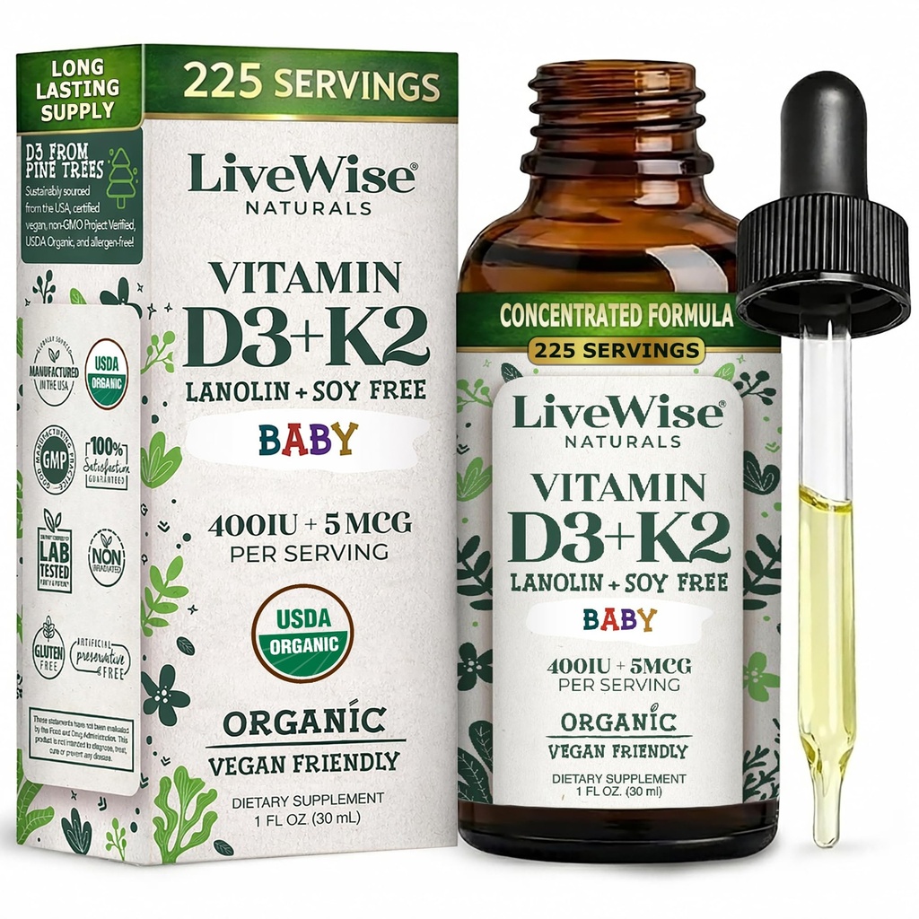 LiveWise Naturals Baby vitamin D3-K2 flytende kosttilskudd, vitamindråper for spedbarn og barn, for sunn vekst, utvikling og daglig velvære, enkel å bruke dropper i glassflaske, 1 fl Oz