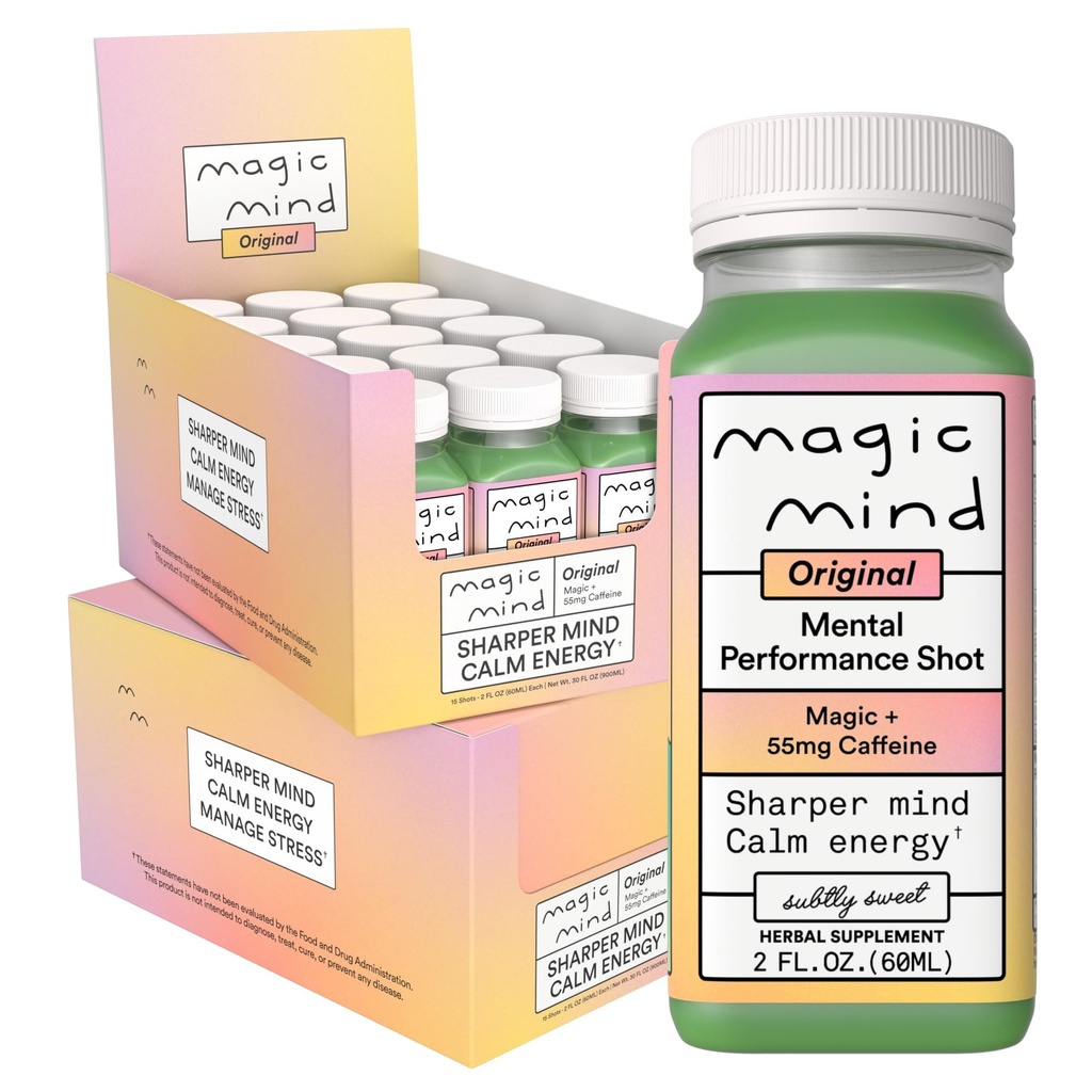 Magic Mind Focus Energy Drink Shots - Ingen Jitters, Stress Relieving, Ashwagandha, Funksjonelle Mushrooms, Matcha Grønn Te, Vitamin B12, Vitamin C - 2 FL Oz (30 Pack)