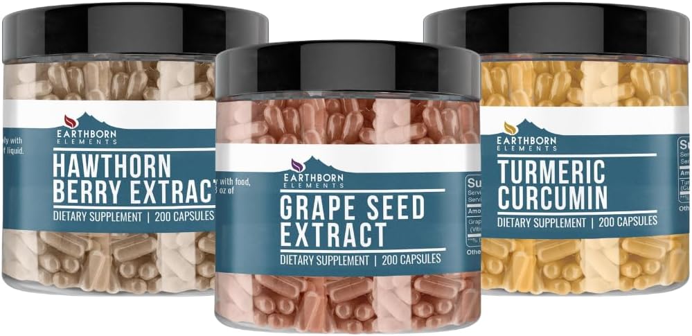Jordbårne grunnstoffer Grapefrø, Hawthorn Berry, & Turmeric Curcumin Capsule Bundle (200 kapsler hver), ren & ufortynnet, Ingen tilsetningsmidler