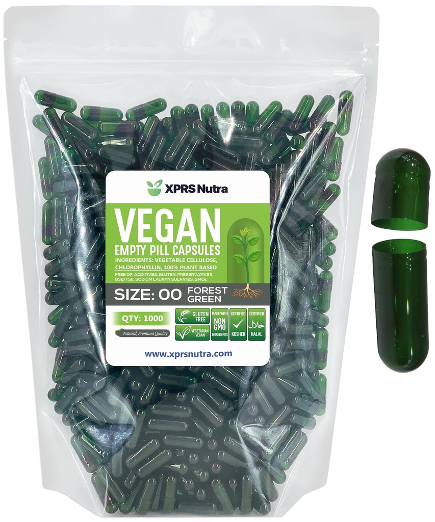 XPRS Nutra størrelse 00 tomme kapsler - 1000 telle tomme veganske kapsler - vegetariske tomme piller - DIY grønnsaker Capsule fylle- veggie pille Caps (Forest Green)