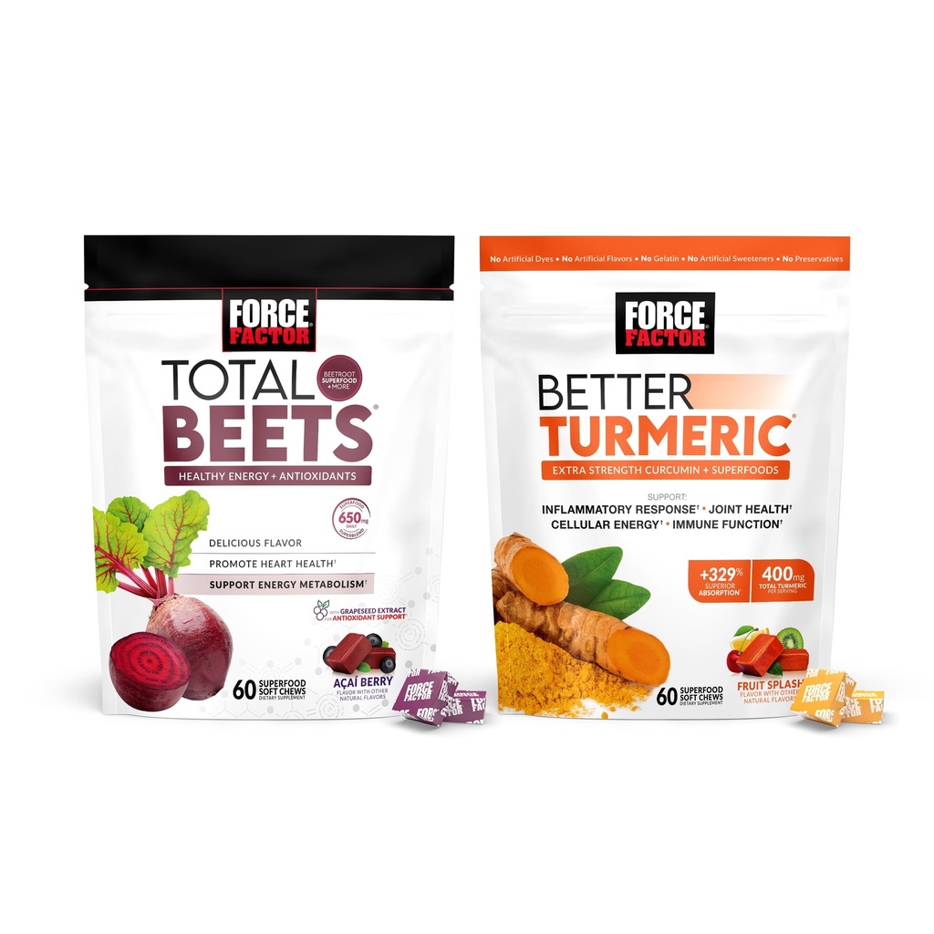 Force Factor Total Beets Myke Chews, 60 Chews & Bedre Turmeric Joint Support Supplement, 60 Myke Chews