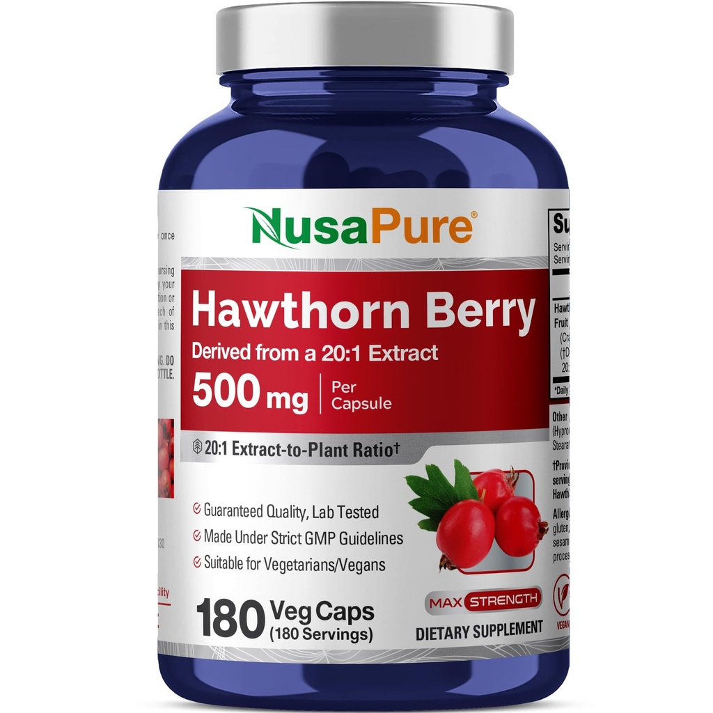 NusaPure Hawthorn Berry 20:1 Ekstrakt, 500 mg tilsvarende 10 000 mg 180 Veg Caps, egnet for vegetarianere, vegan, ikke-GMO kosttilskudd