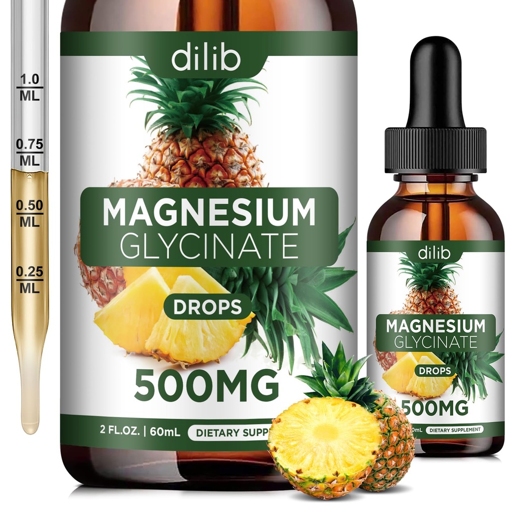 Magnesium Glycinat Supplement, Flytende Magnesium Glycinate flytende dråper 500 mg-støtte Stress Relief, Avslapping, Mood, søvn, Bein & Muscle-2 Fl Oz, Vegan, Pineapple Flavor