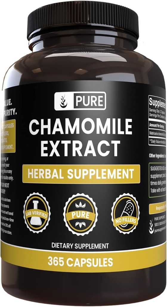 PURE ORIGINAL INGREDIENTS Kamille ekstrakt (365 kapsler) Ingen magnesium eller ris fyllstoffer, alltid ren, Lab verifisert