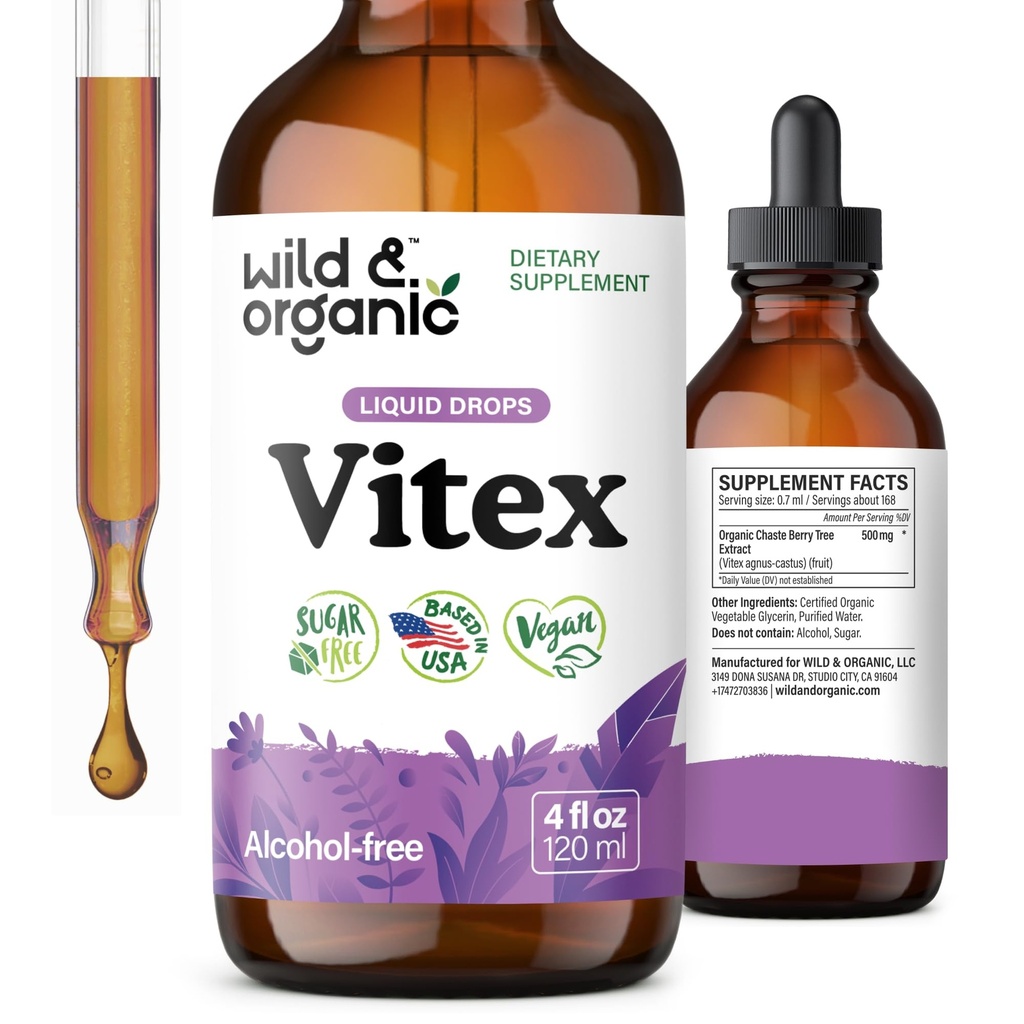 Wild & Organic Vitex Tinktur - Vitex Chasteberry Supplement for kvinner - flytende Chaste Tree Berry ekstrakt for god humør - Vegan, Sukker & alkoholfri urtedråper - 4 fl oz