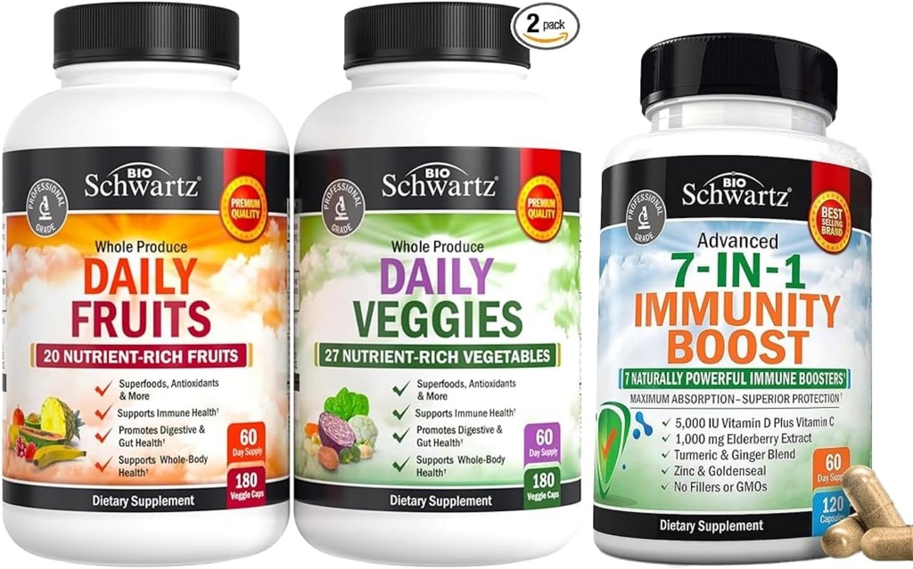 BioSchwartz daglige frukter og grønnsaker Supplement for kvinner og menn (2 måneders forsyning) Plus 7 i 1 immunstøtte Supplement med antioksidanter (2 måneders forsyning)
