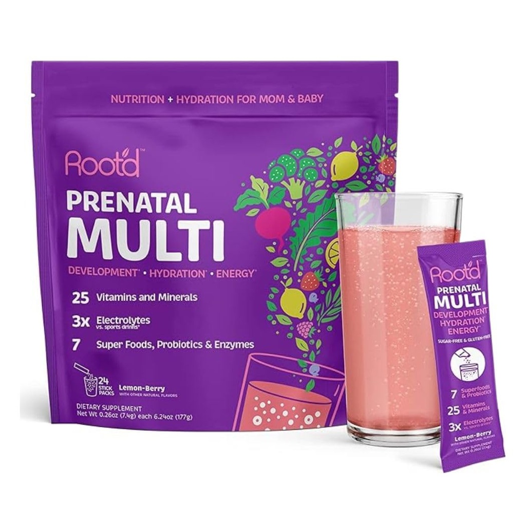 Root'd Prenatal Multivitamin pulver med 3X elektrolytter - 25 vitaminer og mineraler, folat, jern, vitamin D3, 7 Supermat og probiotika, sukkerfrie vitaminer og Hydration ® 24 vitamin drikkmiks pakker