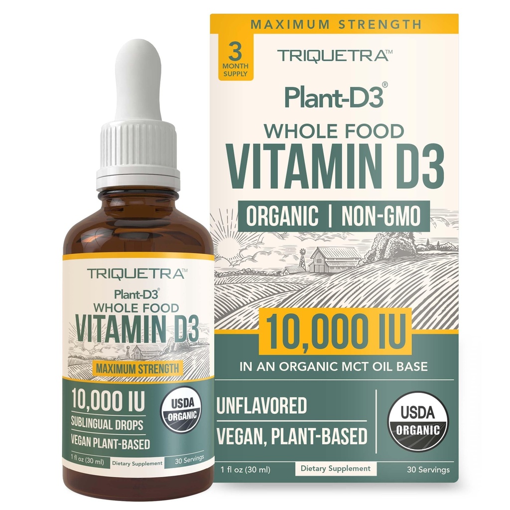 Organisk vitamin D3 10.000 IE - Plant D3, Vegan, Maks styrke sublingual flytende D3 dråper - 200% høyere absorpsjon, 100% plantebasert kolekalciferol skjema & vegansk D3, justerbar dosering (30 serveringer)