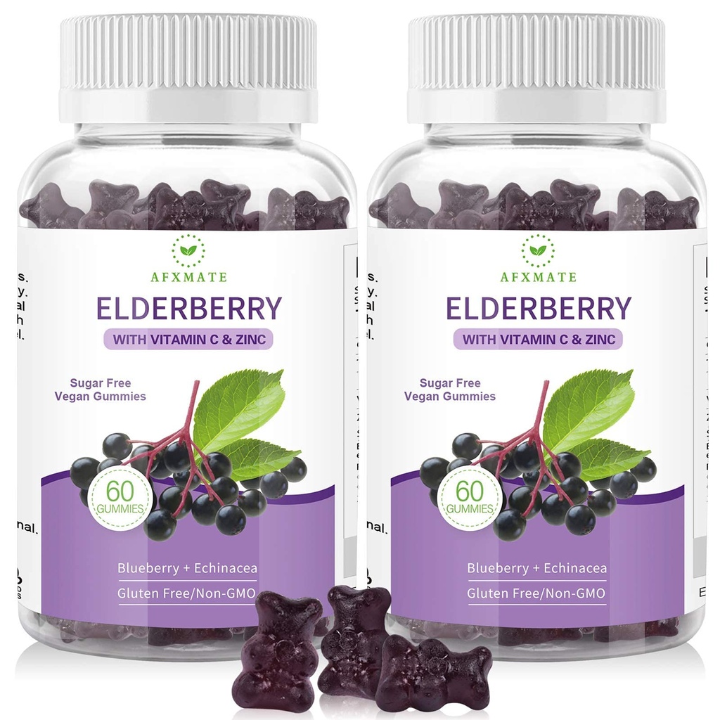 AFXMATE Sambucus Black Elderberry Gummies med sink og vitamin C for voksne barn immun støtte, sukker gratis 120 greve