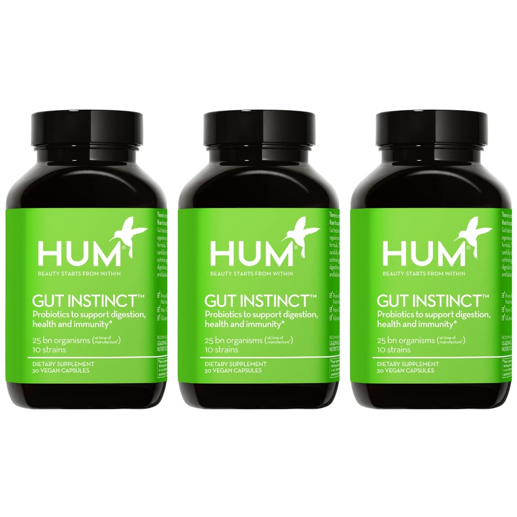 HUM Gut Instinct daglig probiotika for kvinner og menn, Digestive helse, Lactobacillus, Bifidobacterium Strains for immunstøtte, Probiotiske Supplement for sunn gut mangfold, 90 kapsler