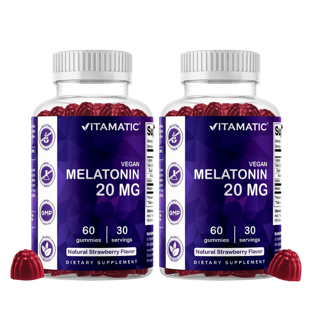 Vitamatic Melatonin 20mg Gummier for voksne, 30 Serveringer - 60 greve - Ikke-Habit Forming Supplement (Pack of 2)