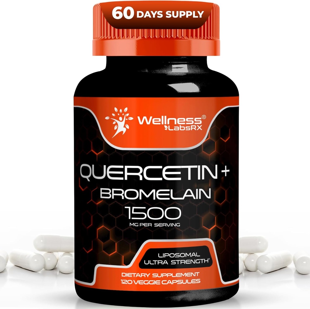 Quercetin med Bromelain Supplement - 1500 mg - Immunstøtte og hjertehelse kapsler for menn og kvinner, Quercetin kosttilskudd hjelper støtte felles og sunne respirasjonssystem - 120 greve