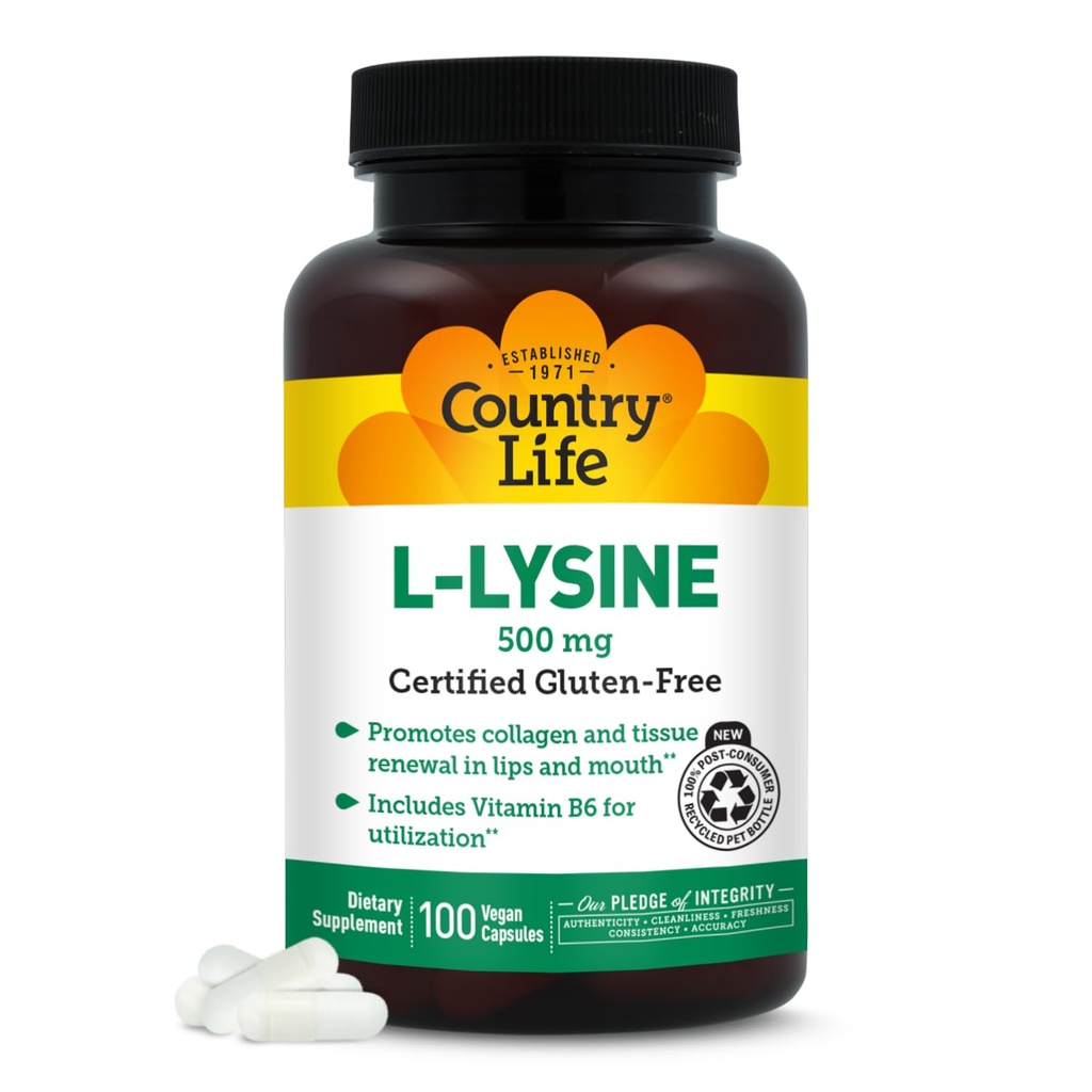 Country Life L-Lysine 500mg med B-6, støtter immun helse, fremmer kollagenfornyelse i lepper og munn, 100 vegan kapsler, sertifisert glutenfri, sertifisert Vegan