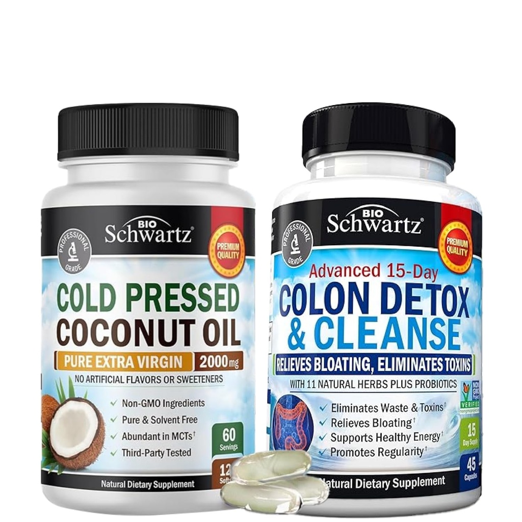 BioSchwartz 15 dagers rengjøring for Colon og Gut Helse Plus kaldt presset MCT Coconut oljekapsler (2 måneders forsyning)