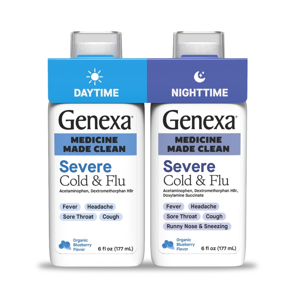 Genexa Clean Cold & Flue Daytime + Natttid Alvorlig relief, Dye Free, 0% Kunstige Additiver, Acetaminophen Feber Reduser, Cough Suppressant, Antihistamin, Organic Blueberry Flavor, 12 floz (2 pack)