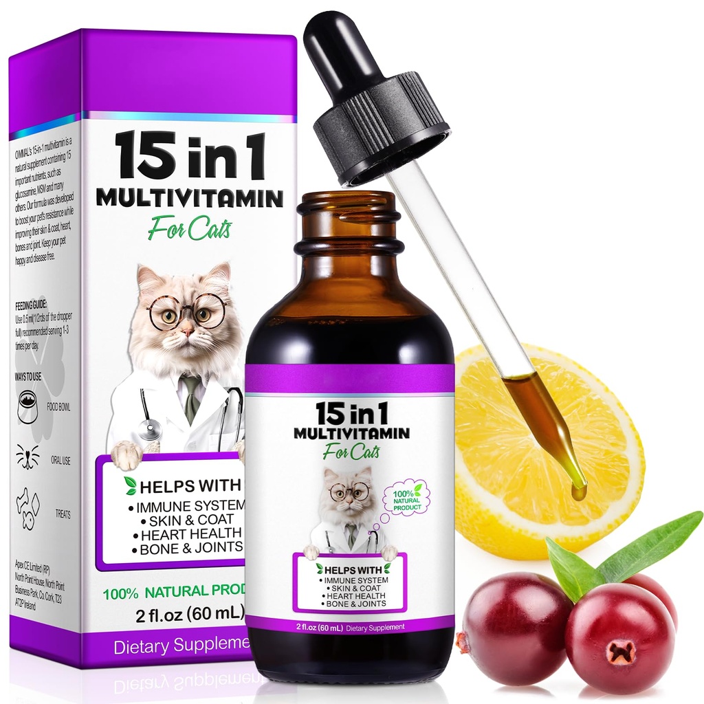 Cat Multivitamin,15 i 1 Kattvitaminer flytende dråper Kosttilskudd for hjerte helse, bein, ledd, hud og Coat, Bladder, Immunsystem Støtte 60ml